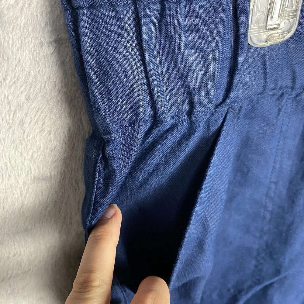 J JILL Pure 100% Linen Pull On Pants Cropped Blue Ankle Toggle Large Coastal